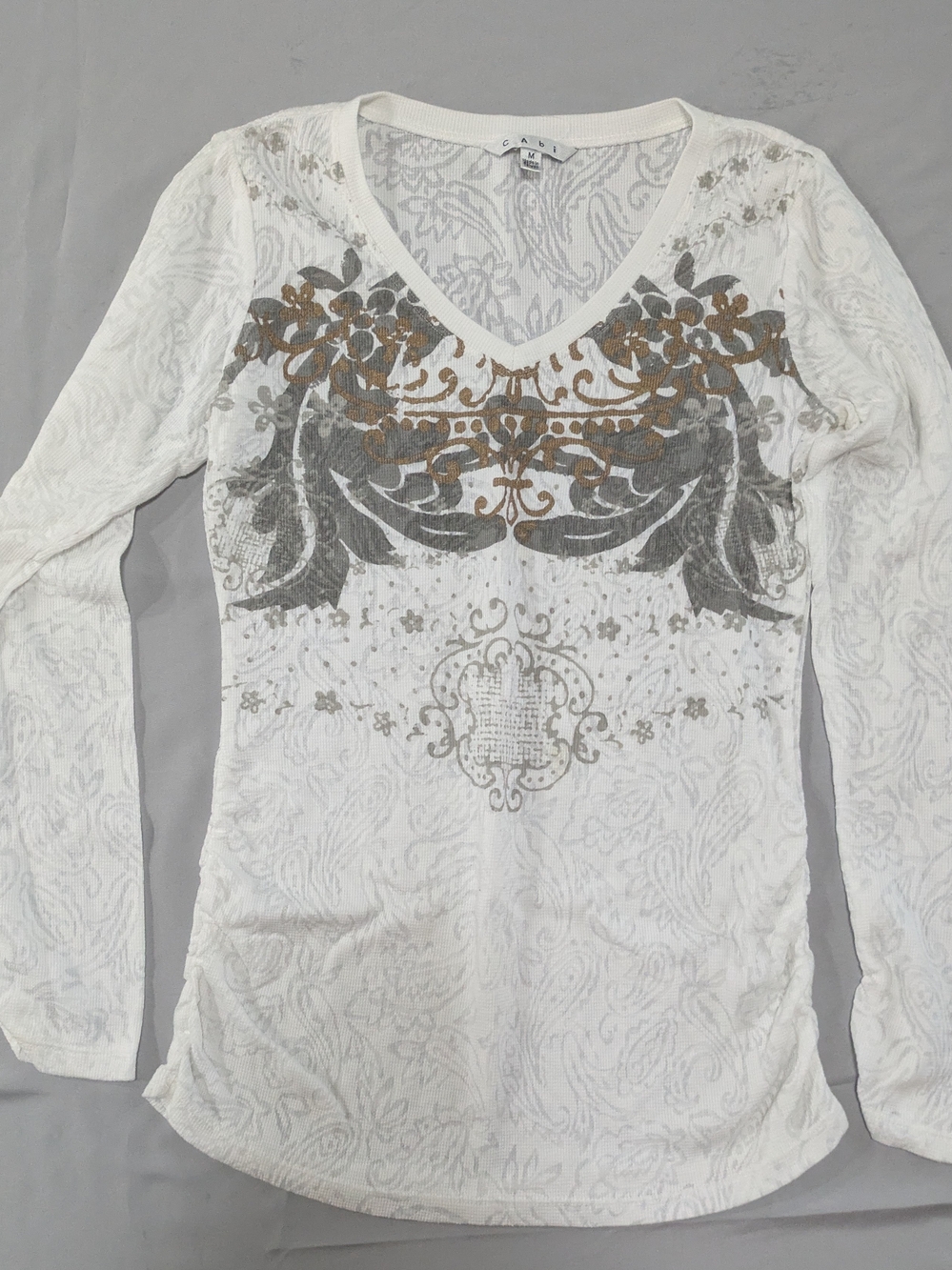 ​CAbi Women's Medium Paisley Burnout Thermal V-Neck Top Ruched Long Sleeve